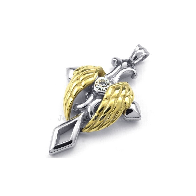 Zlatý Titánový Prívesok S Krížom A Anjelskými Krídlami (Retiazka Zadarmo)