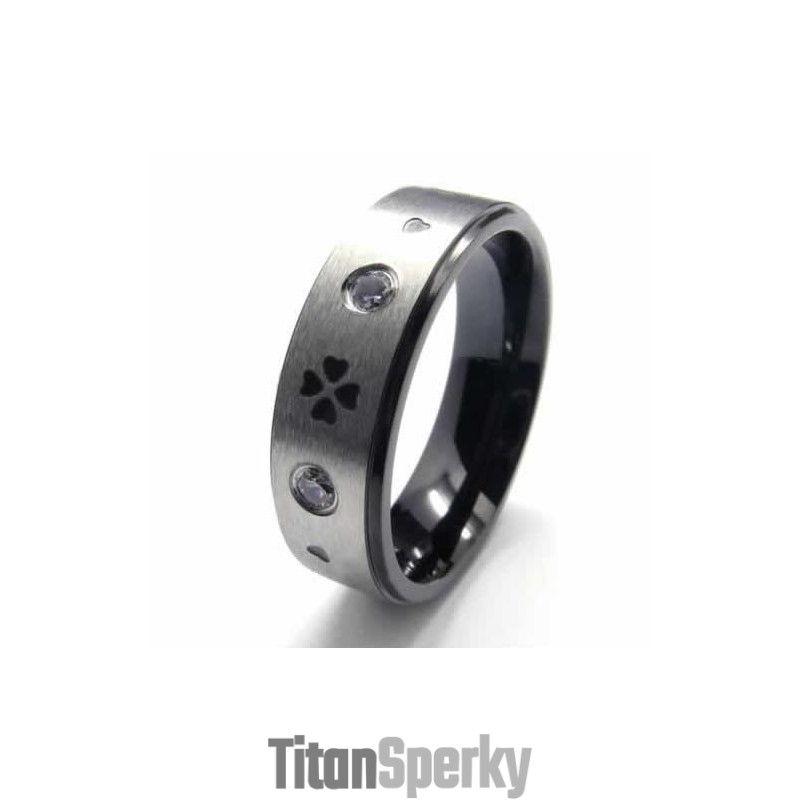 Prsteň S Diamantmi A Štvorlístkom, Intarzia Z Titánu, 6 Mm Prsteň S Diamantmi A Štvorlístkom, Intarzia Z Titánu, 6 Mm