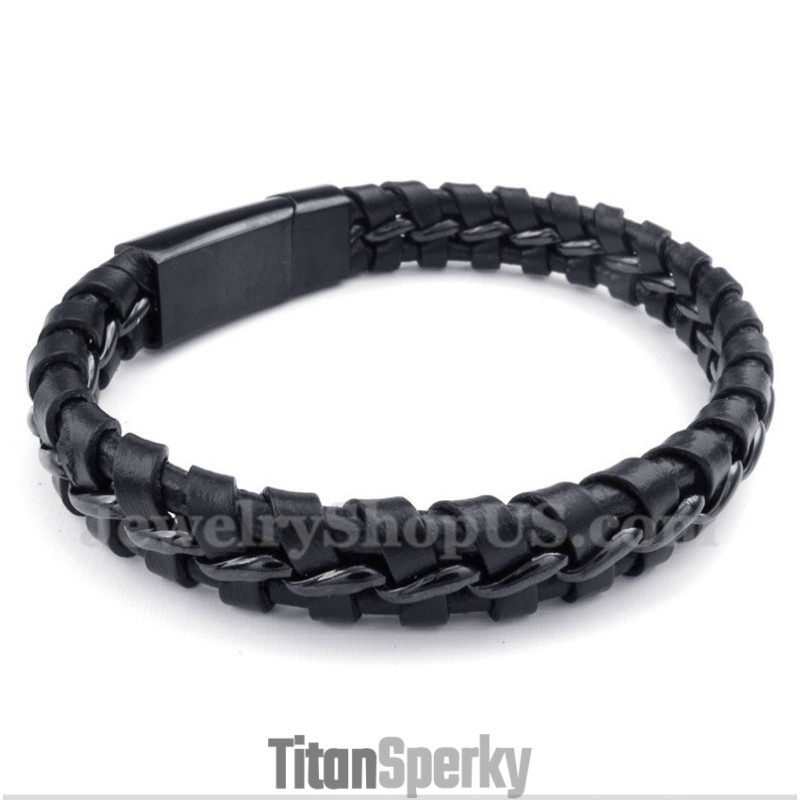 Pánsky Titánový Čierny Kožený Náramok