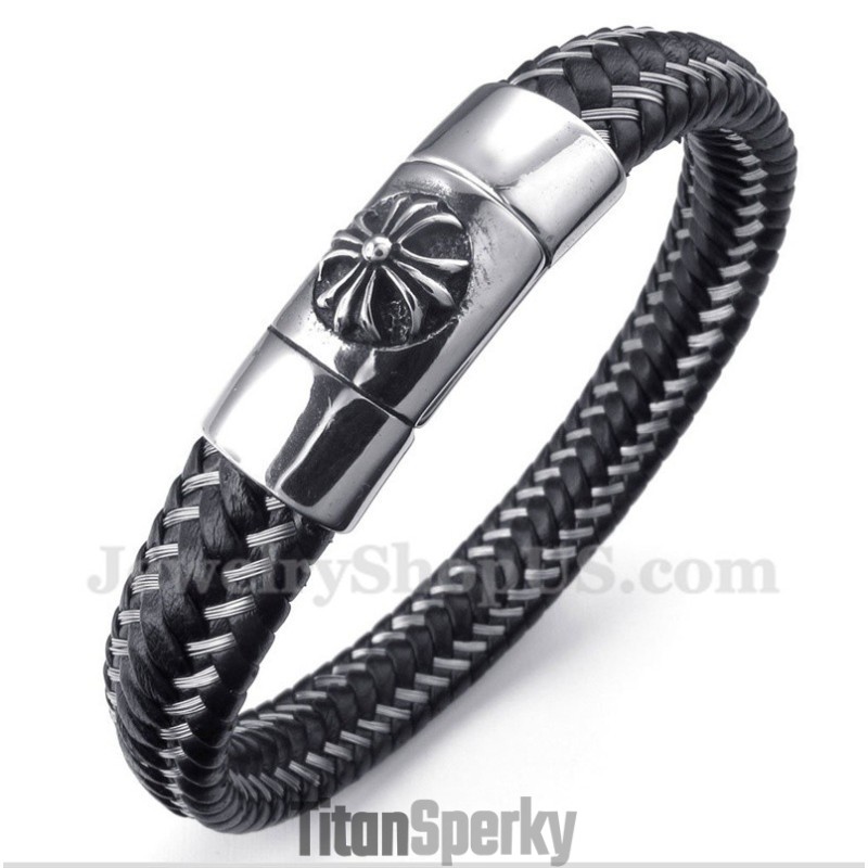 Pánsky Titánový Čierny Kožený Náramok S Káblom
