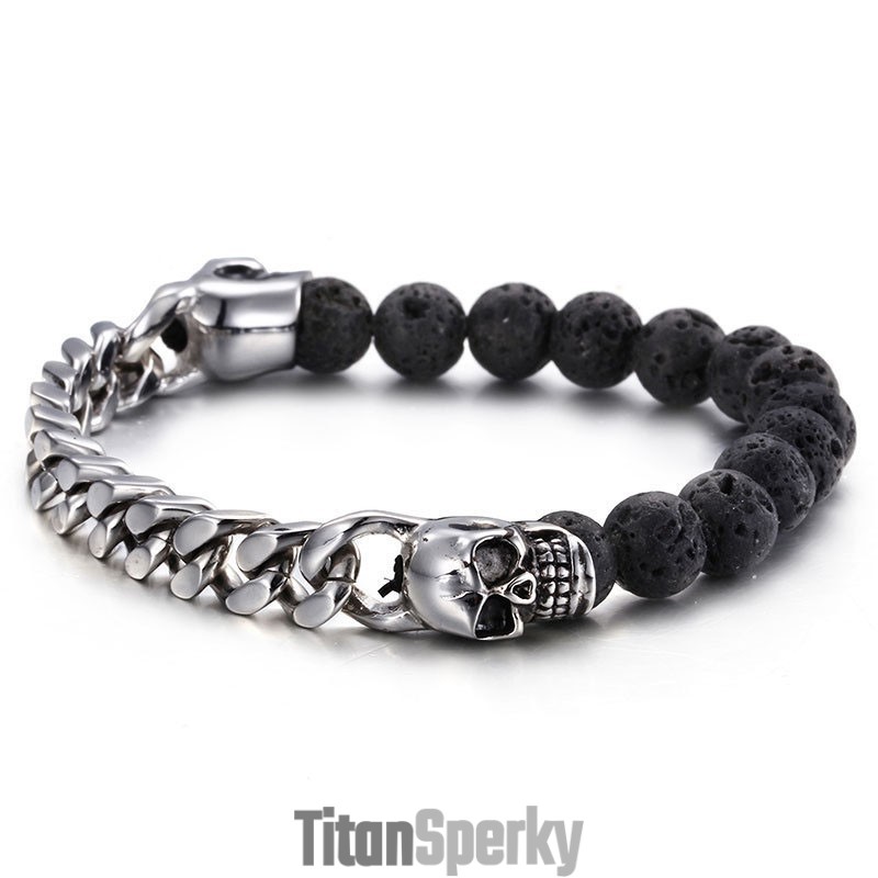 Titánový Náramok S Korálkami Lebky Budhu A Sopečného Kameňa