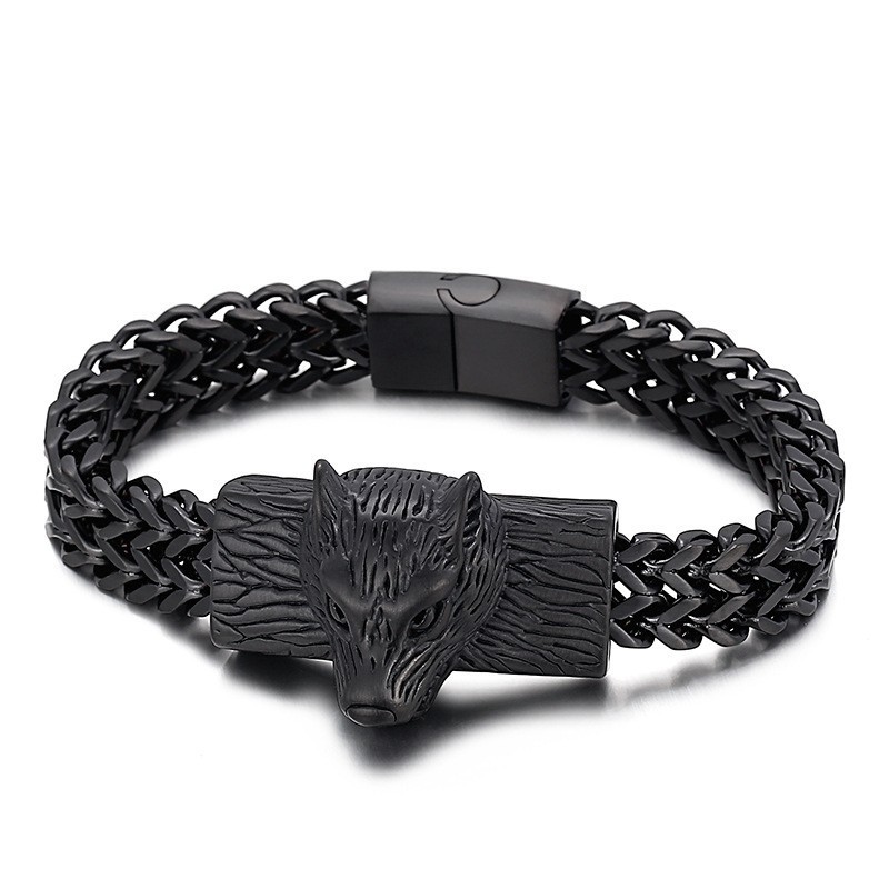 Pánsky Titánový Náramok Hip Hop Wolf Head Double Row Keel Woven Chain