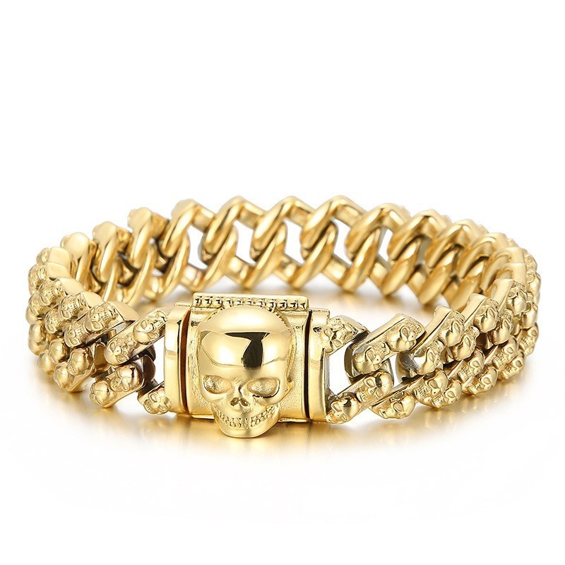 Vintage Galvanicky Pokovovaný Viacfarebný Titánový Náramok S Lebkou Pre Mužov