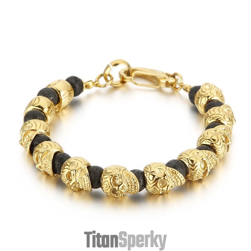 Pánsky Náramok S Titánovou Lebkou A Vulkanickým Kameňom Tigrie Oko