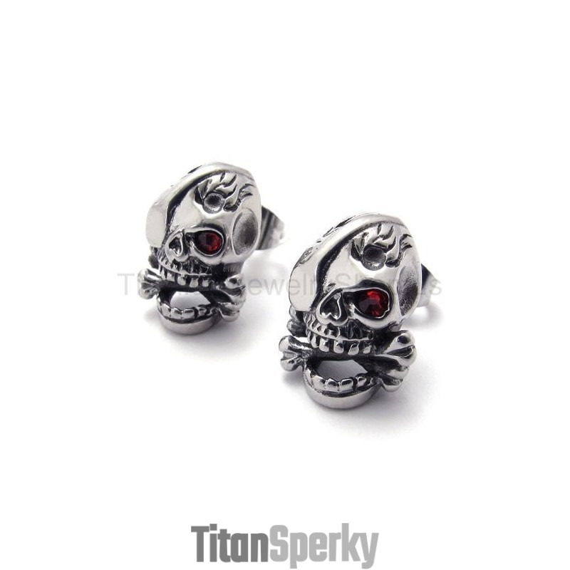 Titánové Náušnice S Jednou Lebkou A Červeným Okom