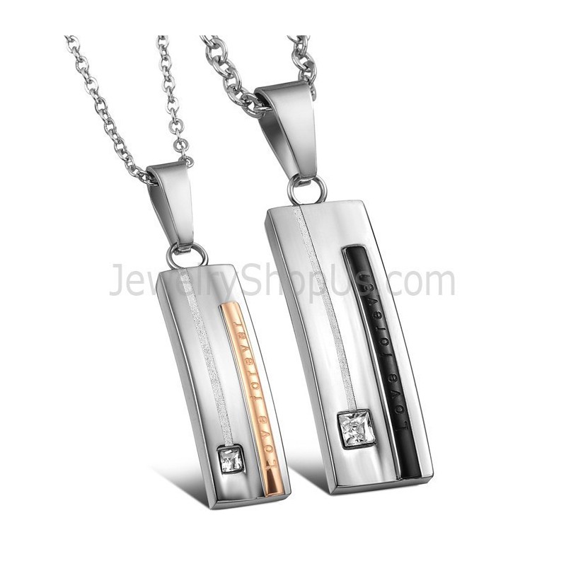 Titánové Obdĺžnikové Prívesky Pre Zaľúbencov "Láska Navždy" Z Čierneho A Ružového Zlata S Kamienkami A Retiazkami Zadarmo C567