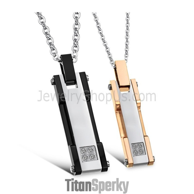 Prívesky Pre Milovníkov Z Titánu A Ružového Zlata S Čiernym Obdĺžnikom, Kamienkami A Retiazkami Zadarmo C362