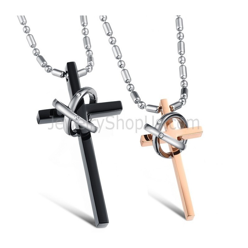 Prívesky Pre Milovníkov Z Titánu A Ružového Zlata S Čiernym Krížom, Kamienkami A Retiazkami Zadarmo C724
