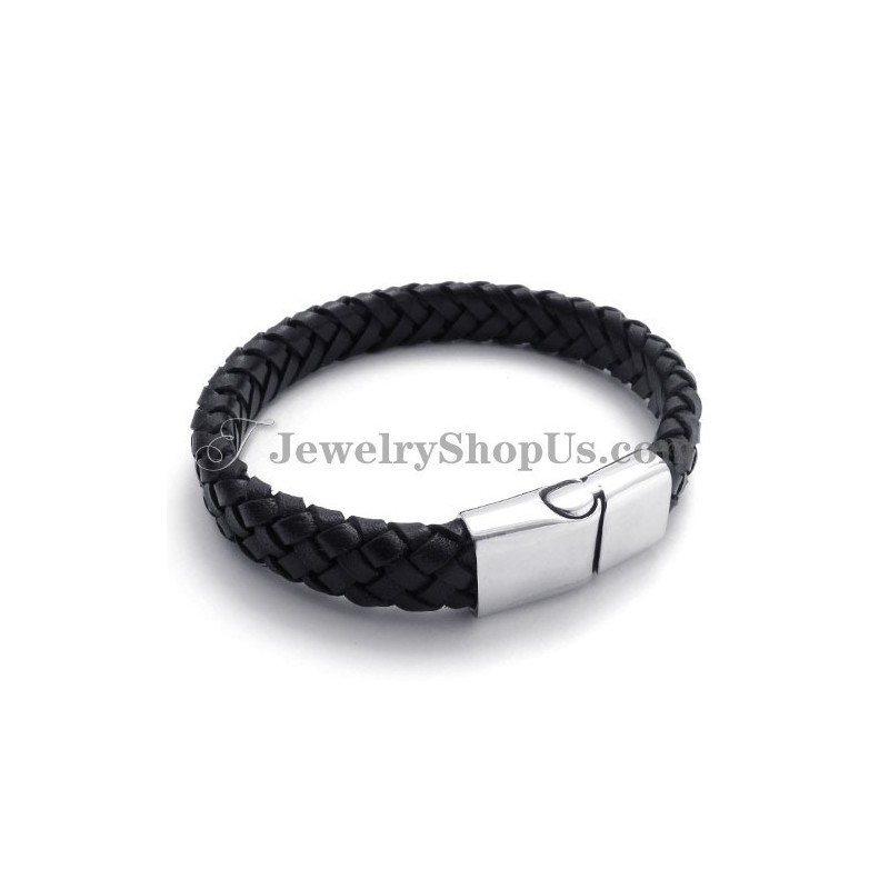 Elegantný Čierny Titánový Náramok S Koženým Lemom